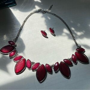 Chunky Silver & Maroon Necklace with matching Earrings